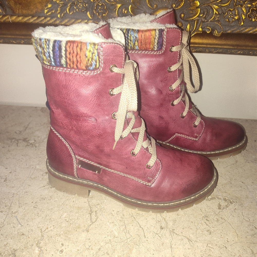Rieker Women's Burgundy Lace-Up Boots with Knit Trim